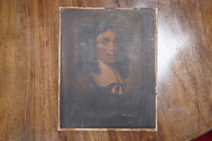 18th / 19th century English school, oil on canvas, portrait of a 17th century gentleman, unframed, 29 x 23cm. Condition - very dirty, stretcher in need of repair